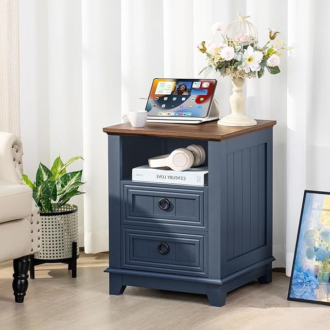 18" Farmhouse Night Stands Set of 2 with Charging Station, 2 Drawers End Table Dresser for Bedroom, Blue Wooden Nightstand, Bed Side Table with Open Shelf, Bedside Cabinet for Living Room