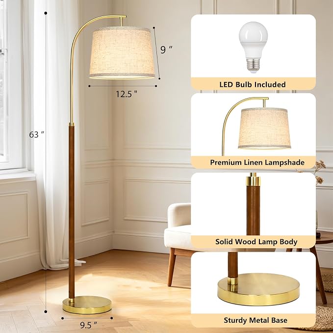 CINKEDA Wood Arc Floor Lamp,63" Tall Mid Century Modern Standing Lamp with Foot Switch & 3 Color Temperatures,Vintage Floor Lamps for Living Room Bedroom Office Reading Corner (Bulb Included),Walnut-A