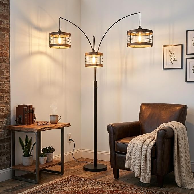 3-Lights Vintage Wood Floor Lamps for Living Room, Black Arc Floor Lamp for Bedroom, Industrial Standing Lamp for Office, Dimmable Tall Lamp, Arched Corner Floor Lamp, Over Couch Reading Lamp
