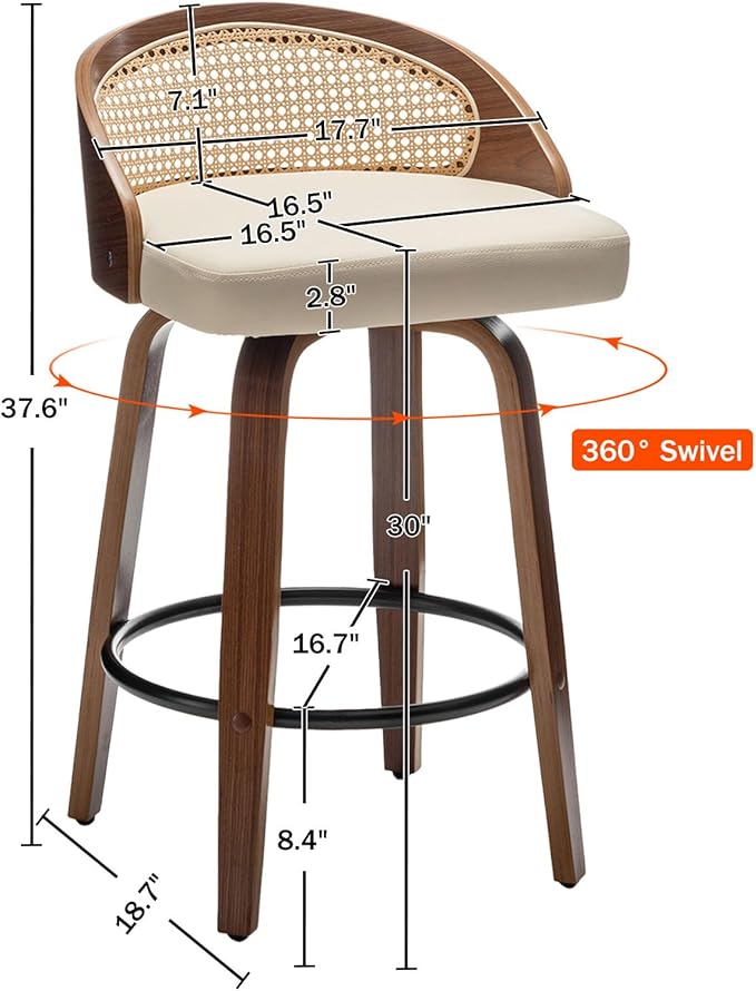 30" Swivel Rattan Bar Stools Mid-Century Modern Faux Leather Upholstered Bar Height Stools Kitchen Island Barstool with Rattan Low Backrest,Walnut Wood Finish Bar Chairs,Beige PU,1PCS
