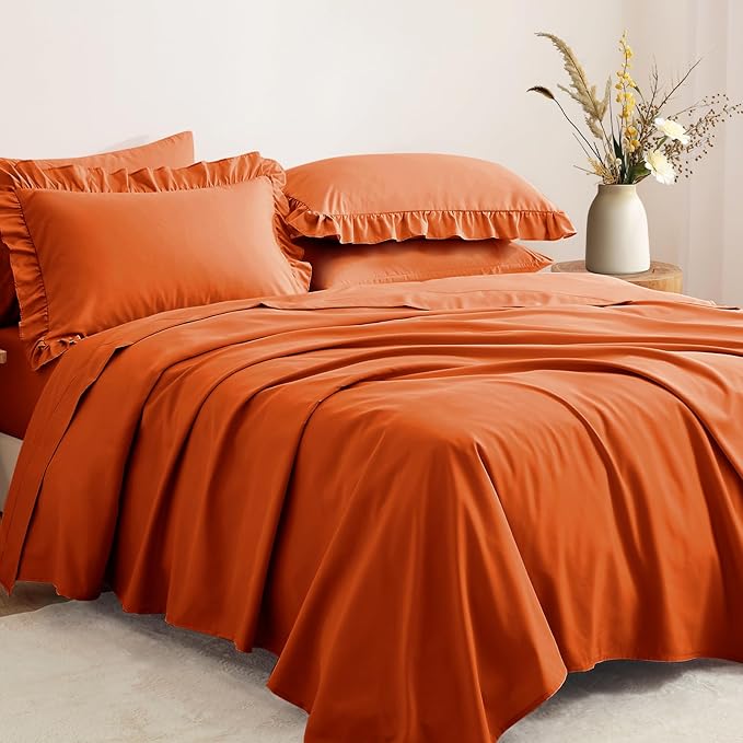 Horbaunal Burnt Orange Ruffle Sheets Queen Size 6 Piece, Fits 16" Deep Mattress, Microfiber Orange Queen Sheets with 2 Ruffled Pillowcases, Shabby Chic Queen Bed Sheet Set