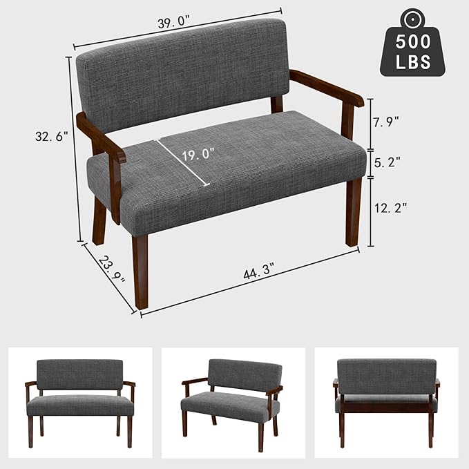 Accent Chair 2 Seat, Upholstered Reading Leisure Chair, Bench with Solid Wood Frame for Dining, Reading, and Waiting Rooms (Gray)