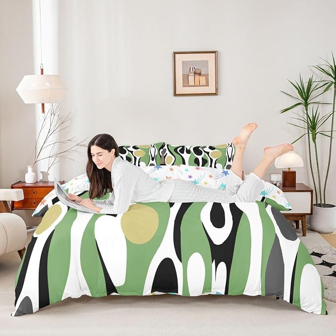 Erosebridal Organic Geometric Duvet Cover Set Modern Abstract King Bedding Set for Adult Men Retro Mid Century Comforter Cover Modern Fluid Art Irregular Circles Bed Sets,Sage Green Khaki