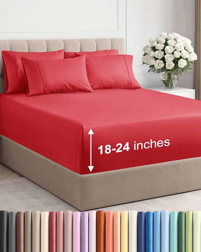 Extra Deep Cal King Sheet Set - 6 Piece Breathable and Cooling Sheets - Hotel Luxury Bedding for Women, Men, Kids & Teens - Easy & Secure Fit - Soft, Wrinkle Free and Comfy - Extra Deep Pockets - Red