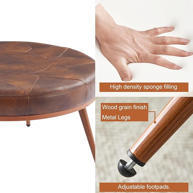 Round Ottoman Coffee Table, Large Faux Leather Cushioned Footstool Ottoman,Stationary Ottomans, Backless Chair, Footrest for Living Room, Bedroom, Padded Seat, Brown