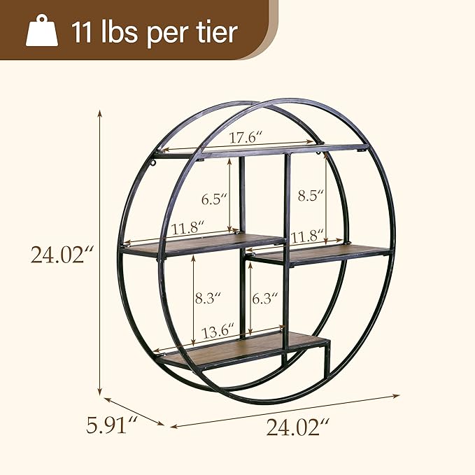 Industrial Style Round Wall Shelves, 3 Tier Decorative Floating Ledge Shelves, Wall Mounted Metal Bracket Wooden Display Hanging Shelf
