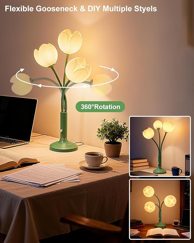 Lightdot Vintage Flower Table Lamp Set of 2, Green Small Cute Bedside Lamp with Adjustable Gooseneck& Bulbs, 3000K Warm Light Dimmable Desk Lamps Nightstand Light for Bedroom Living Room