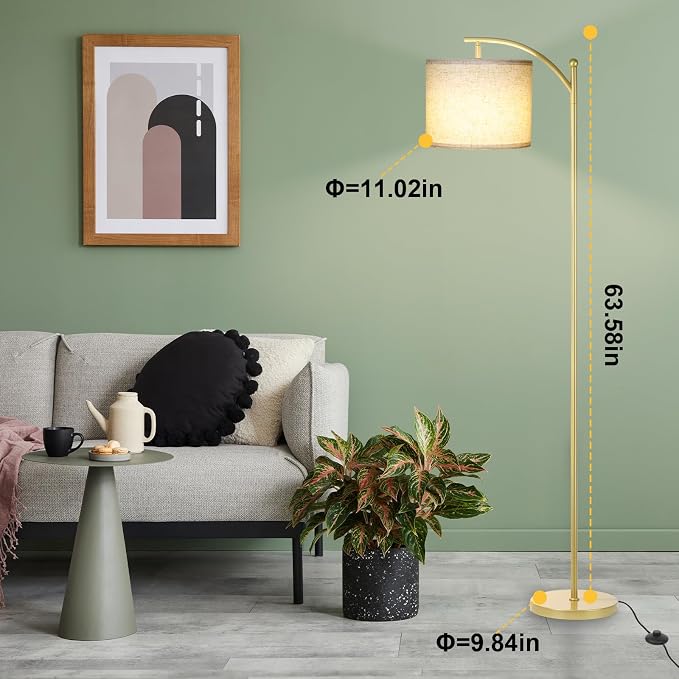 LALISU Floor Lamp for Living Room, Dimmable Floor Lamp with Foot-Step Switch Standing Lamp with Linen Shade Reading Lamp for Living Room Bedroom Office Dining Room, 9W Bulb Included (Gold)