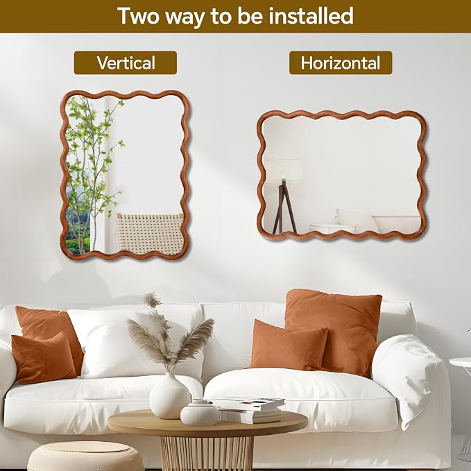 40x30 Inch Wooden Wavy Rectangle Wall Mirror, Modern Solid Wood Frame Decorative Accent Mirror for Bedroom, Bathroom, Living Room, Entryway, Yellowish Brown
