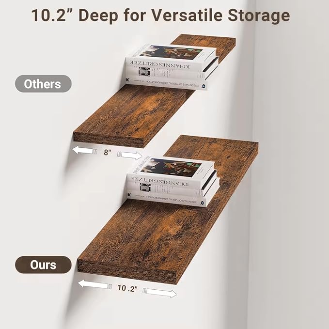 Vivelove 10 Inch Deep Floating Shelves 30 inch Long, 30 x 10 Wide Wall Shelves with Invisible Brackets, for Bedroom Bathroom Living Room Kitchen Office, Farmhouse Home Decor, Set of 2, Rustic Brown