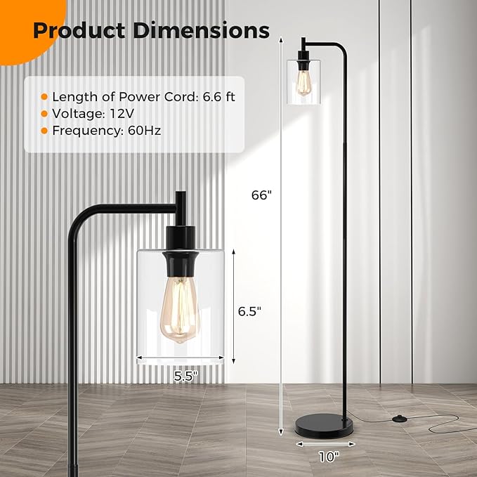 Tangkula Industrial Floor Lamp, Modern Standing Lamp with Hanging Glass Lampshade & Foot Switch, Tall Pole Light with E26 Standard Base for Living Room, Bedroom & Office (Black, 1-Light)
