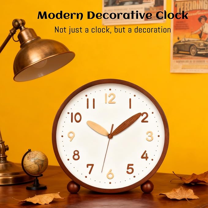 Maxspace Wooden Table Clock,8in Silent Non-Ticking Desk Clock,Battery Operated Desktop Analog Clock for Living Room Bedroom Kitchen Office Classroom Decor (Walnut - Double Wood Font)