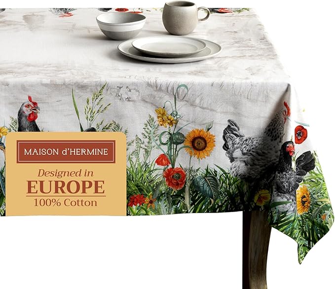 Maison d' Hermine Table Cloth Rectangle Table 100% Cotton 54 x 72 Inches Tablecloth Reusable Decorative for Dining Room Farmhouse Home Valentines Day Decorations Spring Summer - Basse Cour