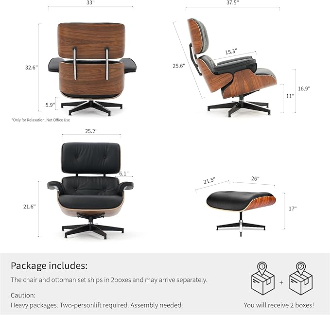 TigerParty Mid Century Chaise Lounge Chair with Ottoman, Top Black Grain Leather, Modern Office Chair Classic Design, Heavy Duty Base Support for Living Room Lounge Office