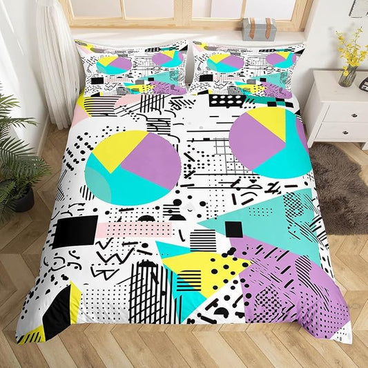 80s 90s Bedding Set Memphis Pattern Old Fashioned Comforter Cover King,Geometric Abstract Colorful Dots Funky Duvet Cover Retro Bed Set,Multicolor Cute Vintage Rainbow 80'S Style 1980S Home Decor
