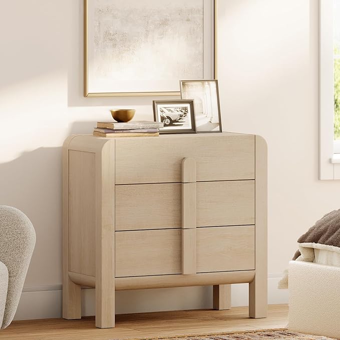 WAMPAT Sideboard Buffet Cabinet with Storage with 3 Drawers,Modern French 31.5" W Buffet Cabinet with Storage,Wood Coffee Bar Cabinets with Curved Edge Design for Kitchen Living Room,Light Oak