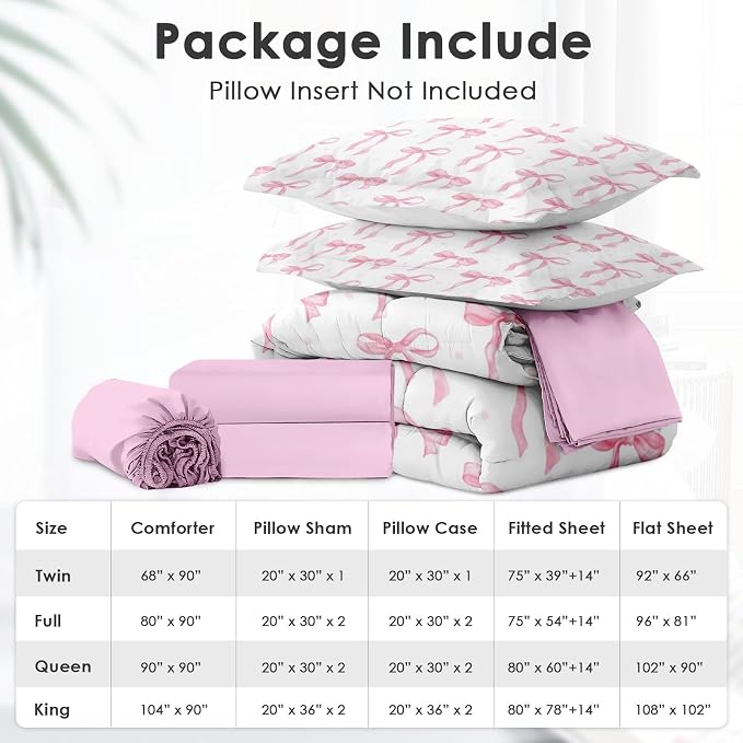7Pcs Comforter Set King Size, Cute Coquette Pink Bow Bowknot, Bedding Decor Sweet Themed Elegant Girly Baby Bedroom Bed Set Flat Sheet Fitted Sheet Pillowcases Shams for Kids Adults