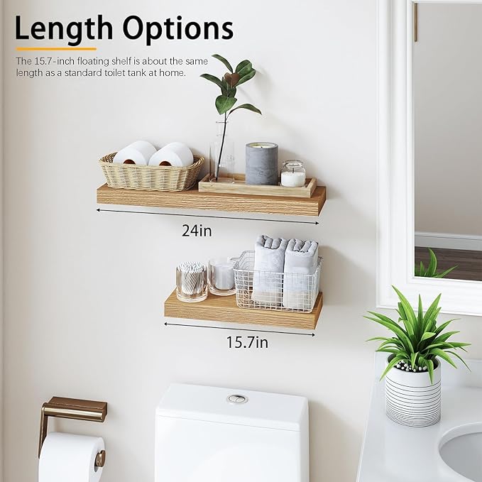INHABIT UNION Oak Floating Shelves for Wall，24in Wall Mounted Display Ledge Shelves Perfect for Bedroom, Bathroom, Living Room and Kitchen Decoration Storage (Oak, Set of 2)