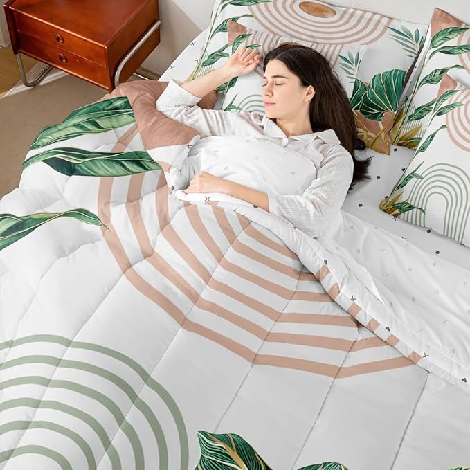 Erosebridal Pink and Green Boho King Comforter Set with Sheets 7 Piece Aesthetic Mid Century Bed in A Bag Simple Line Botanical Leaf Art Bedding Sets for Teens Modern Minimalist Tropical Bed Set
