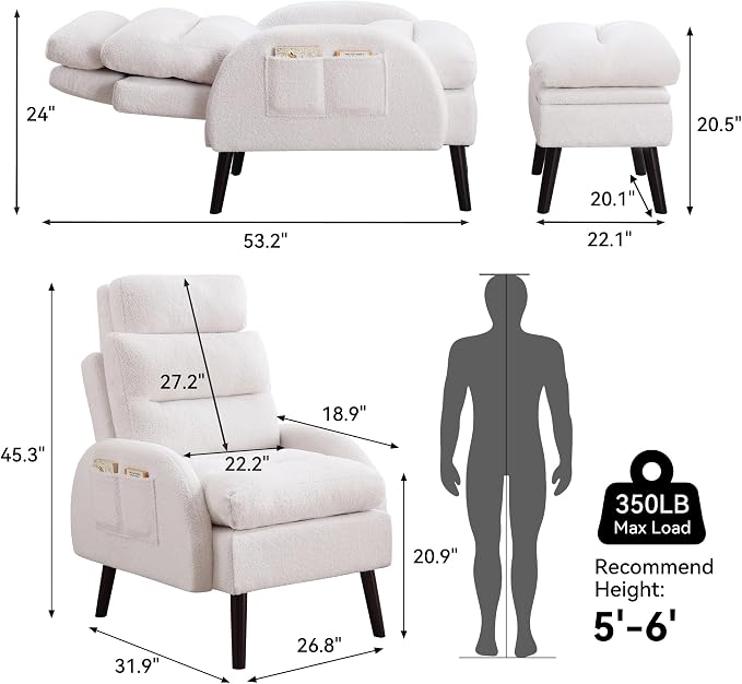 HCHAIRH Accent Chair with Ottoman Set, Comfy Reading Chair and Ottoman, Modern Oversized Lounge Armchair with Adjustable Backrest for Living Room Bedroom, Teddy White