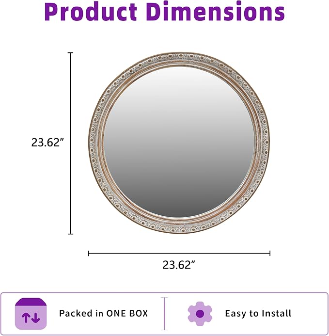 23.62'' Ornate Round Wall Mirror with Distressed Frame & Pre-Installed Hanging, Decorative Mirror with Large Reflective Surface for Bathroom Bedroom Living Room, Ancient White