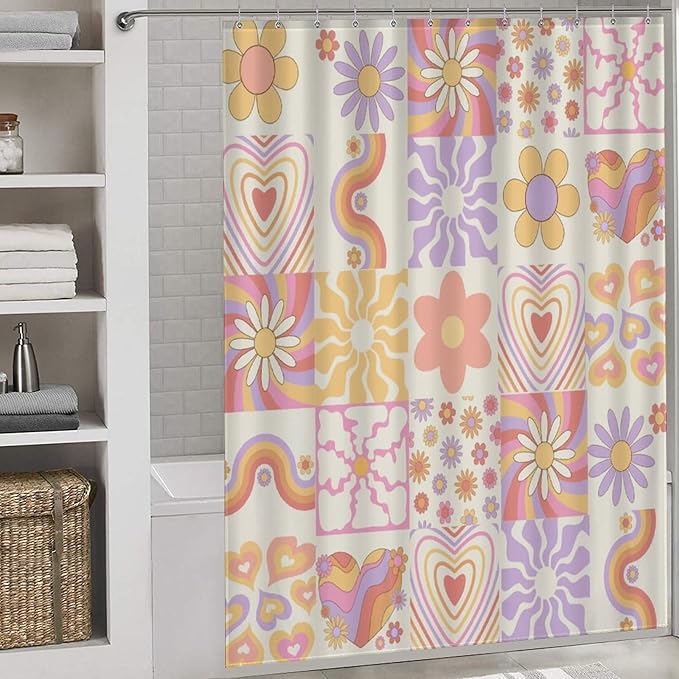 Groovy Floral Shower Curtain for Bathroom,Rustic Vintage Hippie Pink 70s Flower Rainbow Swirl Checkered Funky Trippy Cute Boho Waterproof Fabric Shower Curtain Set with Hooks, 72"x84"