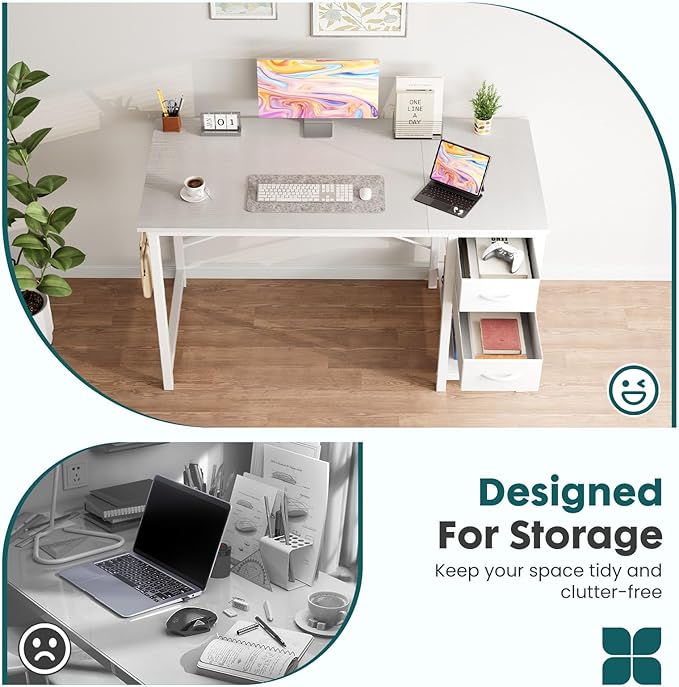 Sweetcrispy 40 Inches Computer Desk with Drawers Home Office Writing Desk X Shaped Reinforcement Modern Study Work Table Side Hook Sturdy Metal Frame Large Surface Storage Organization Station White