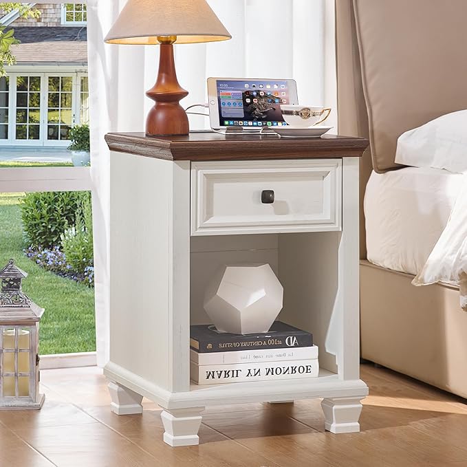Farmhouse End Tables Living Room Set of 2, Rustic Wood Nightstand with 1 Drawer, Bedside Table with Open Shelf for Bed Room, Side Table for Living Room, White