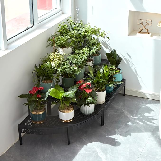 3 Tier Metal Plant Stand,Rectangle or Round Decorative Flower Step,Garden Shelf Flower Pot Holder Storage Organizer Rack for Indoor Outdoor Use