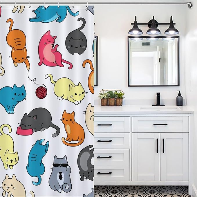 Cartoon Cat Shower Curtain Colorful Watercolor Cats Pattern Duty Fabric Shower Curtains Set Bathroom Polyester Waterproof with 12 Hooks, 66x72Inch（168x183cm）