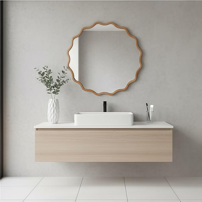 30 Inch Wooden Wavy Round Wall Mirror, Modern Solid Wood Frame Circle Decorative Accent Mirror for Bedroom, Bathroom, Living Room, Entryway, Natural Wood Color
