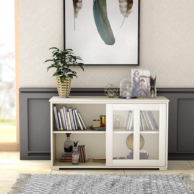 Sideboards Buffet Cabinet, Sliding Tempered Glass Door Coffee Bar, Console Table with Adjustable Shelf, Credenzas for Living Room, Stackable Kitchen Cupboard for Dining Room (White)