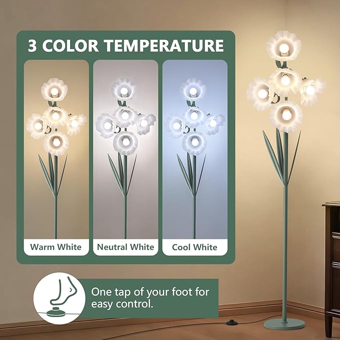 5 Light Flower Floor Lamp for Living Room,3 Color Temperatures, LED Arc Floor Lamp with Foot Switch,Cute Floral Standing Lamp for Bedroom,Curves Tall Lamp for Living Room Corner (Bulbs Included)