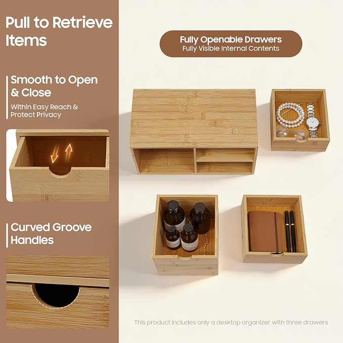 Ringmaster Bamboo Desk Organizer with 3 Drawers,Mini Desktop Organizer Drawer Tabletop Storage Organization Box for Office Home Supplies