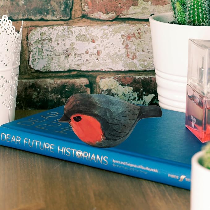 DIYOMR Bird Figurine, Hand Carved Birds Wood Décor, Art Animal Wooden Sculpted Bird with Wood Block, Vivid Bird Statue for Gift Home Table Ornament Decor (Robin Bird)