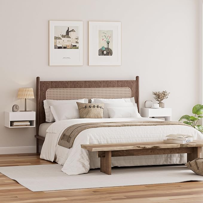 Modern Small Nightstand with Drawer, Floating Shelves for Bedroom, Bathroom (White Stripe)