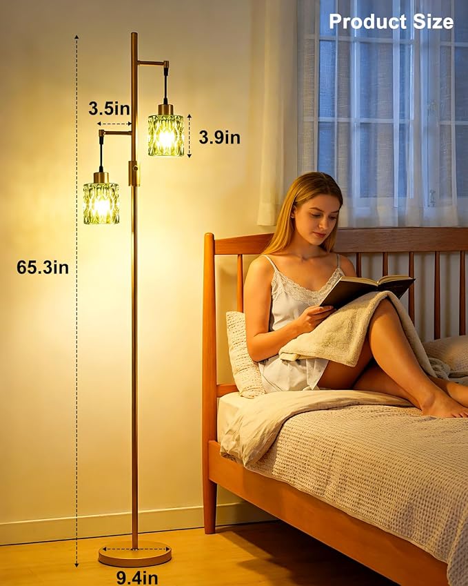 65IN Glass Floor Lamp, 2-Light Gold Tall Standing Lamps Dimmable with Green Glass Lampshade, 3000K Warmwhite Mid Century Modern Floor Lamp with 5Lbs Heavy Base for Living Room/Bedroom/Corner