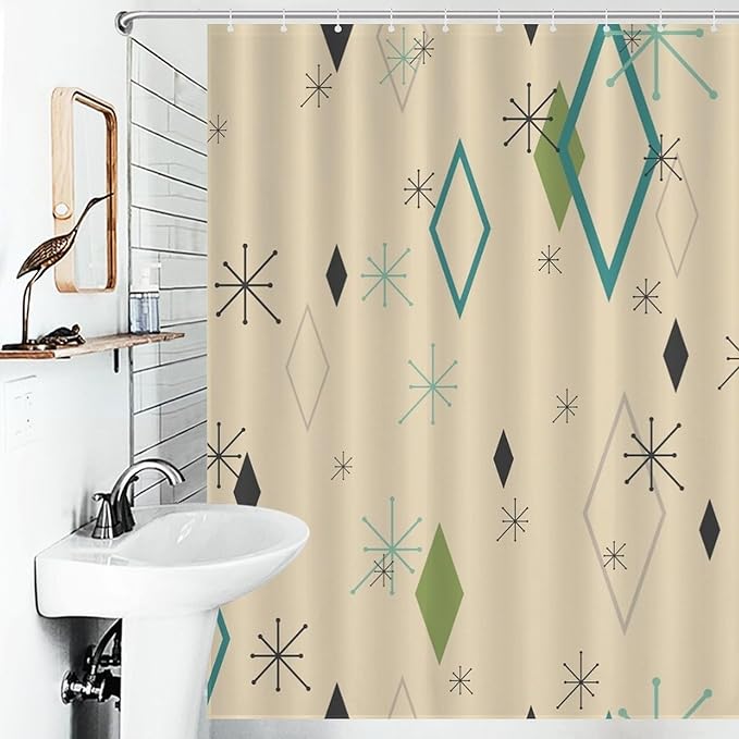 50s Retro Shower Curtain Atomic Mid Century Modern Space Pattern Duty Fabric Shower Curtains Set Bathroom Polyester Waterproof with 12 Hooks, 66x72Inch（168x183cm）