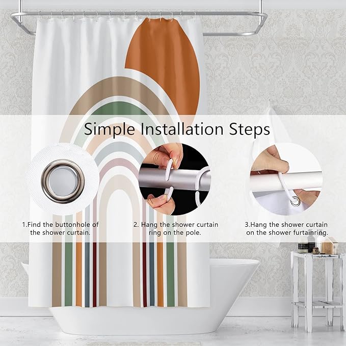 Mid Century Bohemian Shower Curtain - Colorful Stripes Arch Orange Sun Boho Design With Hooks, Waterproof Fabric Polyester, Aesthetics Home Decor, 36x72 Inch