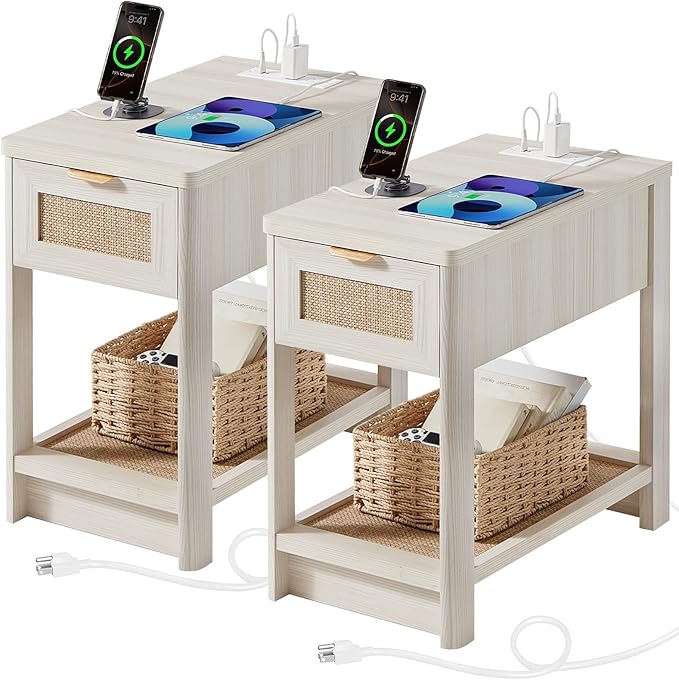 Lerliuo Narrow Night Stand Set of 2 with Charging Station, Boho Nightstand with Drawer, Bed Side End Table with Rattan Shelf for Small Spaces, Wood Nightstands Bedside Tables for Living Room Bedroom