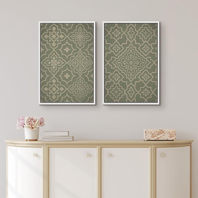 IDEA4WALL Framed Canvas Print Wall Art Set Moroccan Tile Pattern Green and Beige Geometric Illustrations Modern Art Decorative Bohemian Calm/Zen for Living Room, Bedroom, Office - 24"x36"x2 White