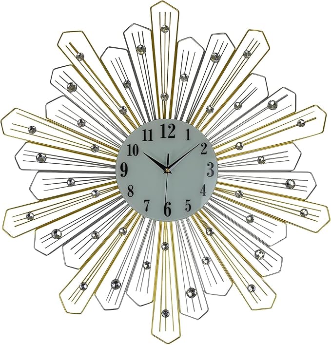 HomeRoots 27" Gold Silver and Metal and Faux Crystals Silent Analog Sunburst Wall Clock