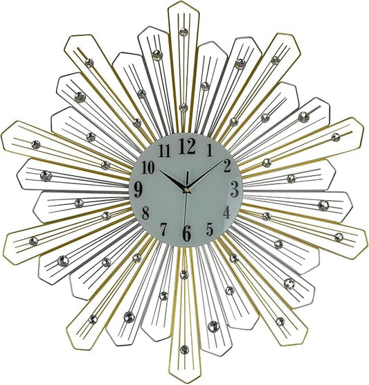 HomeRoots 27" Gold Silver and Metal and Faux Crystals Silent Analog Sunburst Wall Clock
