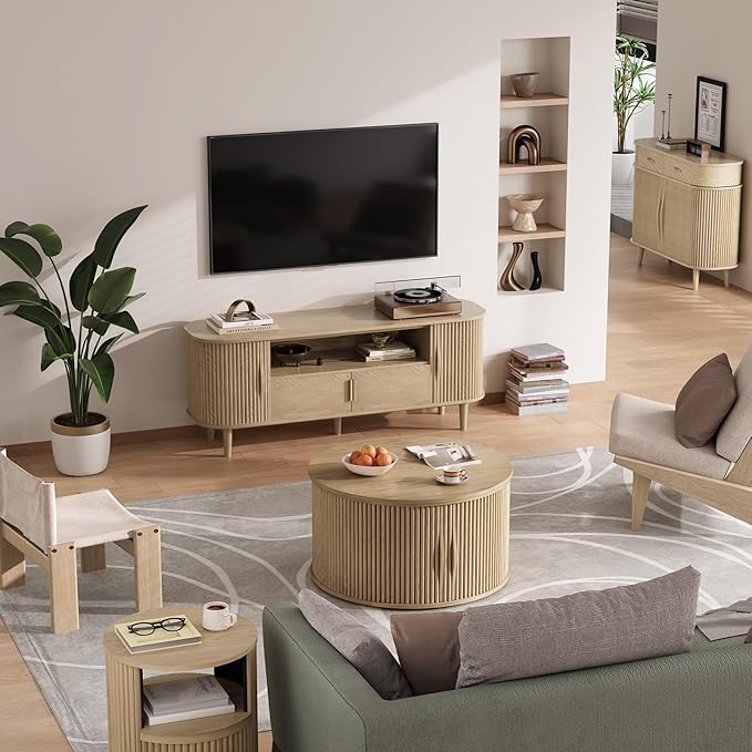 31.5" Round Lift Top Coffee Table,Natural Oak Modern Fluted Drum Center Table with Hidden Storage, Japandi Scandi Wood Circle Desk for Boho Living Room & Apartment