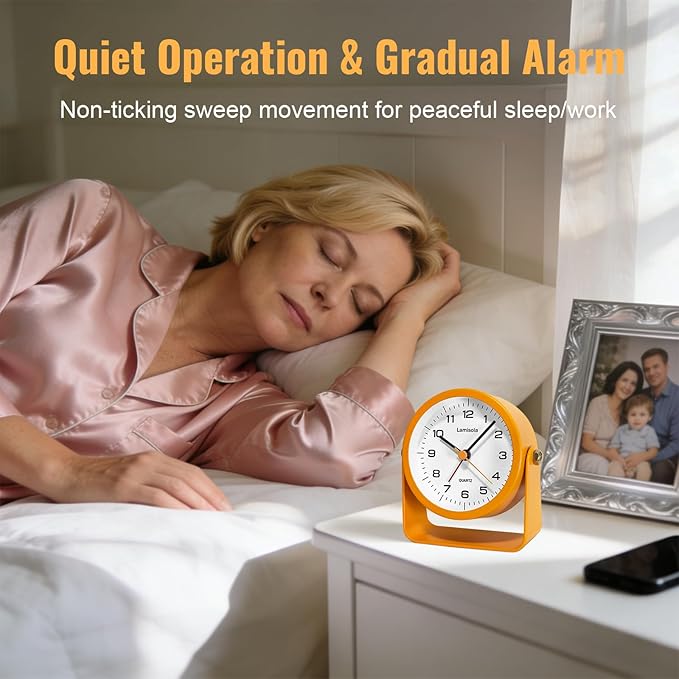 Lamisola 3.5 Inch Small Desk Alarm Clock, Battery Operated Analog Silent Clock with Night Light, Retro Vintage Metal Bedside Clock for Bedroom, Office, Bathroom, Dorm, Shelf, Table - Orange
