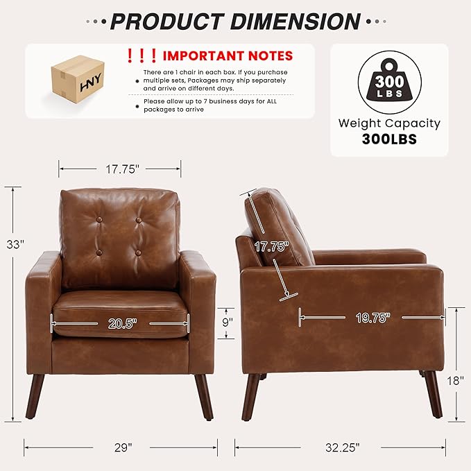HNY Mid Century Modern Armchair, Button Tufted Faux Leather Accent Chair with Armrests, Upholstered Club Chair for Living Room, Bedroom & Office, Caramel Brown