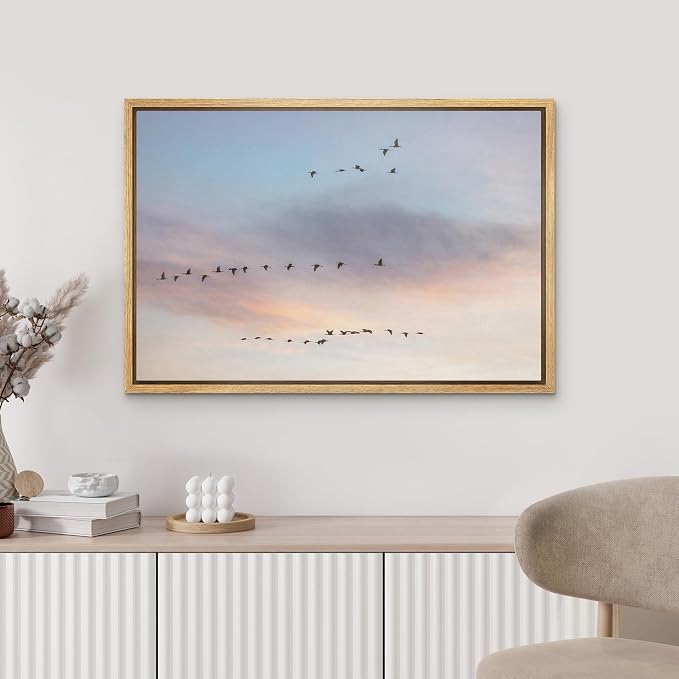 MUDECOR Framed Canvas Print Wall Art Flying Birds in Pastel Sunset Sky Panorama Illustrations Minimalism Decorative Bohemian Zen for Living Room, Bedroom, Office - 16"x24" NATURAL