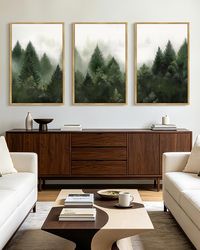 KUVIOKE Morden Green Fog Pine Tree Framed Canvas Wall Art Nature Nordic Forests Artwork Painting Bedroom Decor 24x36in (Natural Framed)