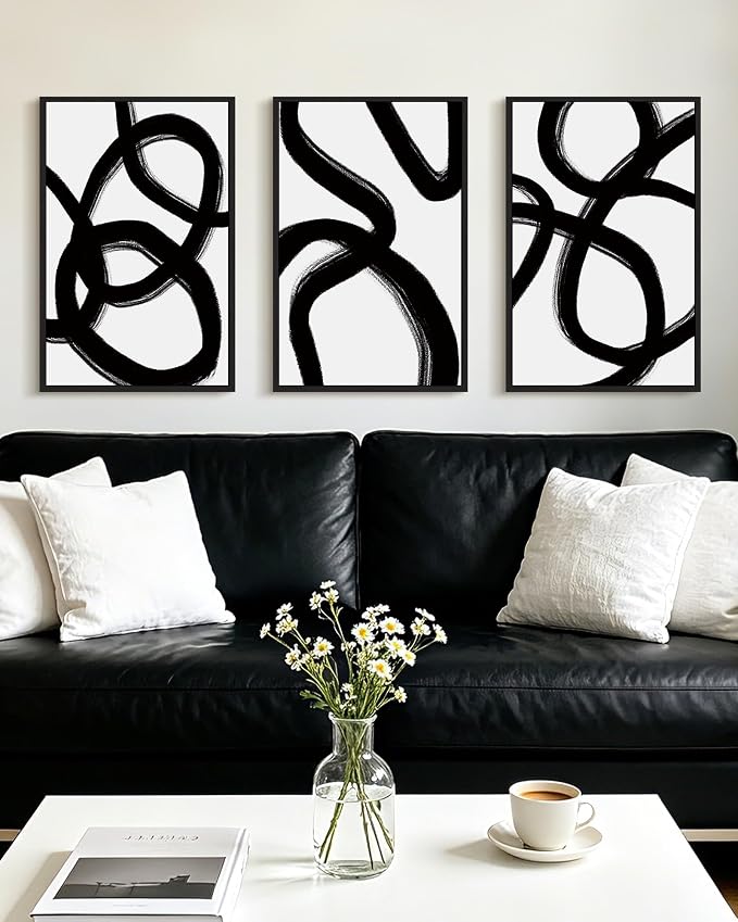 KUVIOKE Black and Gray Abstract Framed Wall Art Ink Wash Minimalist Lines Painting Artwork for Bedroom Hallway 16x24in (Black Framed)