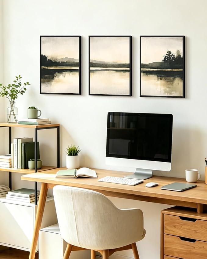 KUVIOKE Watercolor Abstract Mountain Lake Framed Wall Art Brown Landscape Nature Wilderness Painting Nordic Neutral Tan Illustration Decorative Home Decor 12x16in (Black Framed)